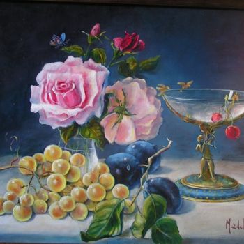 Peinture intitulée "ROSES A LA COUPE" par Hugues Mardelle, Œuvre d'art originale, Huile