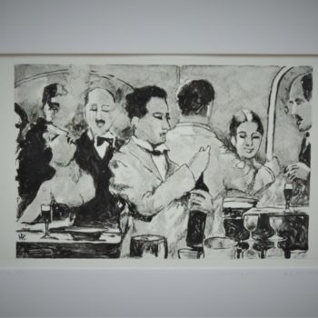 Printmaking titled "Derrière le comptoir" by Hugues Renck, Original Artwork, Monotype Mounted on Cardboard