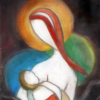 Dessin intitulée "vierge et enfant" par Hugues Boucry, Œuvre d'art originale, Pastel