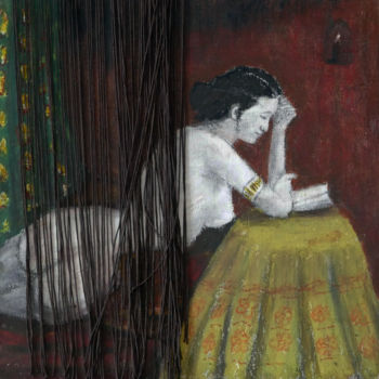 Peinture intitulée "liseuse derrière un…" par Hugues Boucry, Œuvre d'art originale, Pastel