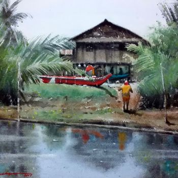 Painting titled ""Break Time"" by Gieward Hulagno, Original Artwork, Watercolor