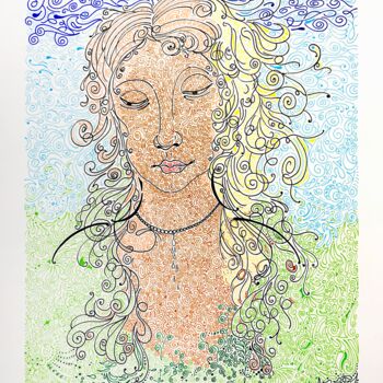 Zeichnungen mit dem Titel "Woman lines colour" von Humberto Cesar Pornaro, Original-Kunstwerk, Kugelschreiber