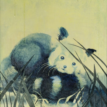 Peinture intitulée "panda bleu" par Hung-Sook, Œuvre d'art originale, Huile