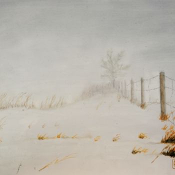 Painting titled "Field under snow" by Husnu Konuk, Original Artwork, Oil