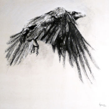 Rysunek zatytułowany „Corvus Corone” autorstwa Hyane, Oryginalna praca, Conté