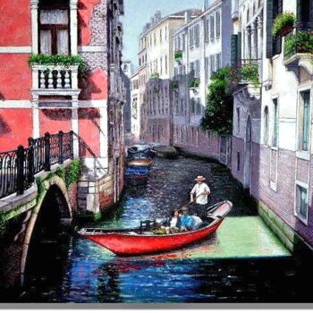 Painting titled "Red Gondola" by I. Joseph, Original Artwork, Oil