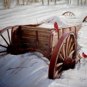 Painting titled "Cardinals on Wagon" by I. Joseph, Original Artwork, Oil