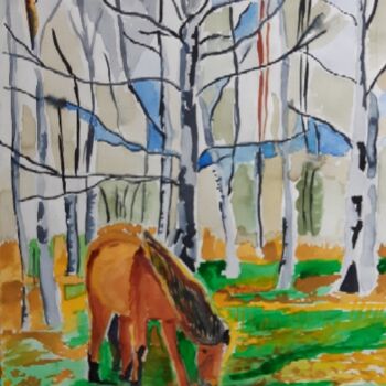 Peinture intitulée "The Lonly Horse" par I Khan, Œuvre d'art originale, Aquarelle