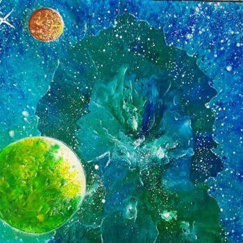 Рисунок под названием "Nébuleuse turquoise…" - Iakim, Подлинное произведение искусства, Акрил Установлен на Деревянная рама…