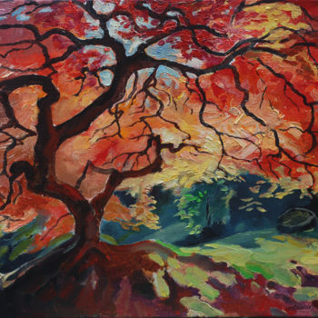 Pittura intitolato "Autumn tree with re…" da Iaroslav Hmelnitki, Opera d'arte originale, Olio