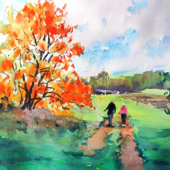 Pintura intitulada "An Autumn Walk" por Ibolya Taligas, Obras de arte originais, Aquarela