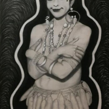 Painting titled "Josephine Baker" by Ibrahim Marong, Original Artwork, Charcoal Mounted on Wood Stretcher frame