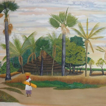Schilderij getiteld "Kunkó" door Ibrahim Marong, Origineel Kunstwerk, Olie Gemonteerd op Frame voor houten brancard