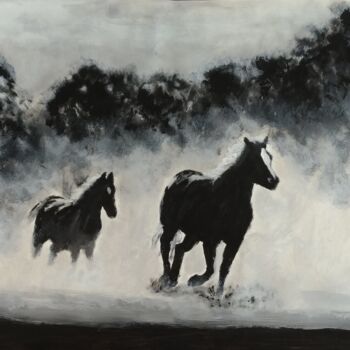 Schilderij getiteld "Two horses in dust" door Ibrahim Unal, Origineel Kunstwerk, Acryl