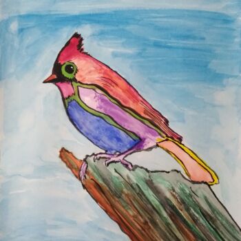 Peinture intitulée "Cardinal bird" par Ibrahim Unal, Œuvre d'art originale, Aquarelle