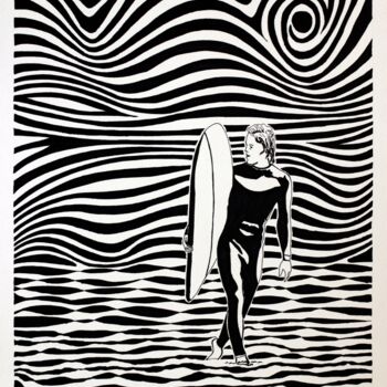 Drawing titled "Men Surfing 2" by Ibrahim Unal, Original Artwork, Marker