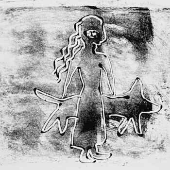 Printmaking titled "Girl with dog" by Ida Iris, Original Artwork, Monotype