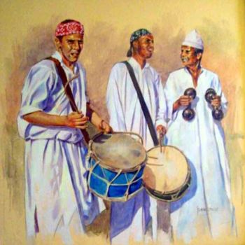 Peinture intitulée "les  trois gnawa" par Abderrahmane Idouallouche, Œuvre d'art originale, Huile