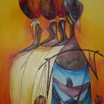 Schilderij getiteld "Retour de la source…" door Idrissa Savadogo, Origineel Kunstwerk