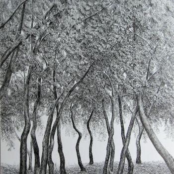 Dessin intitulée "Chênes et pins IV/…" par Isabelle Stagg, Œuvre d'art originale, Encre