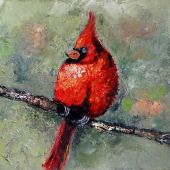 「Red Cardinal Bird T…」というタイトルの絵画 Indrani Ghoshによって, オリジナルのアートワーク, オイル その他の剛性パネルにマウント