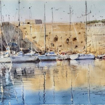 Painting titled "Castel and boats" by Igli Arapi, Original Artwork, Watercolor