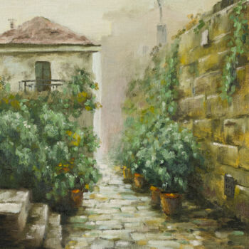 Peinture intitulée "Rain in the old town" par Igor Makeev, Œuvre d'art originale, Huile