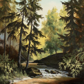 Painting titled "River in the forest" by Igor Makeev, Original Artwork, Oil