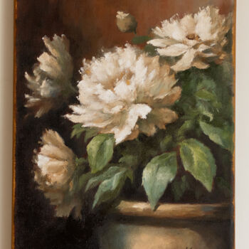 Картина под названием "Vase with white flo…" - Igor Makeev, Подлинное произведение искусства, Масло