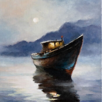 Картина под названием "Fishing boat at nig…" - Igor Makeev, Подлинное произведение искусства, Масло