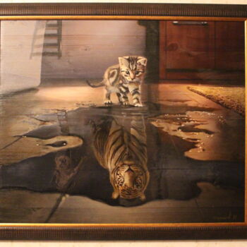 Schilderij getiteld "Отображение кошки в…" door Igor Surkov, Origineel Kunstwerk, Olie