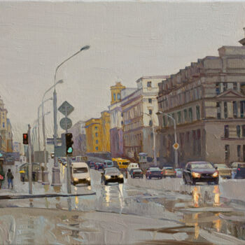 Картина под названием "Rainy city" - Igor Sventitski, Подлинное произведение искусства, Масло Установлен на Деревянная рама…