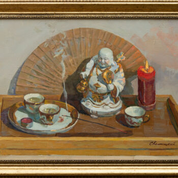 Painting titled "Green tea" by Igor Sventitski, Original Artwork, Oil Mounted on Wood Stretcher frame