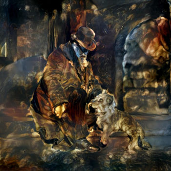 Arts numériques intitulée "L'homme au lion" par Orphé, Œuvre d'art originale, Peinture numérique