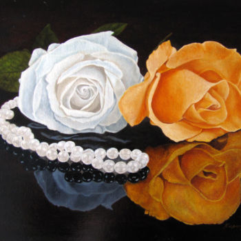 Картина под названием "Розы с жемчугом" - Игорь Карандов, Подлинное произведение искусства, Масло