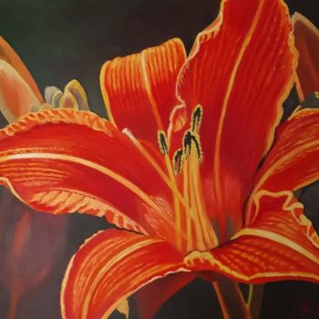 Painting titled "RED LILY" by Iker, Original Artwork, Oil Mounted on Wood Stretcher frame