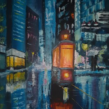 Painting titled "Night Tram" by Iker, Original Artwork, Oil Mounted on Wood Stretcher frame