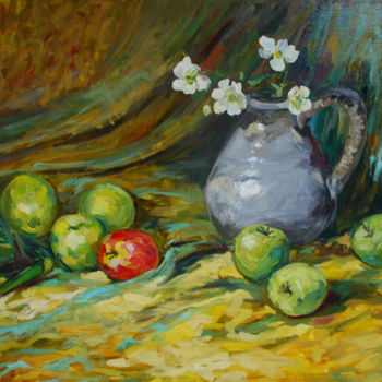 Ζωγραφική με τίτλο "Green apples" από Inna Komarova, Αυθεντικά έργα τέχνης, Λάδι