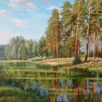 Картина под названием "landscape with pine…" - Ilfat Davutov, Подлинное произведение искусства, Масло Установлен на Деревянн…