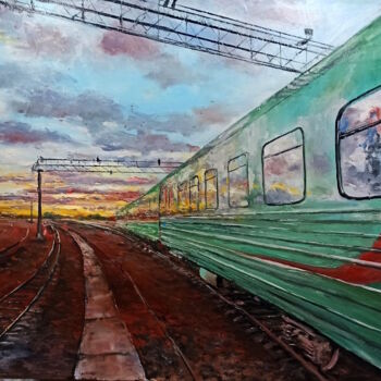 Painting titled "Where is your train…" by Ilgiz Murtazin, Original Artwork, Oil Mounted on Wood Stretcher frame