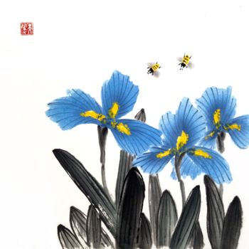 Ζωγραφική με τίτλο "Blue irises and dan…" από Ilana Shechter, Αυθεντικά έργα τέχνης, Ακουαρέλα