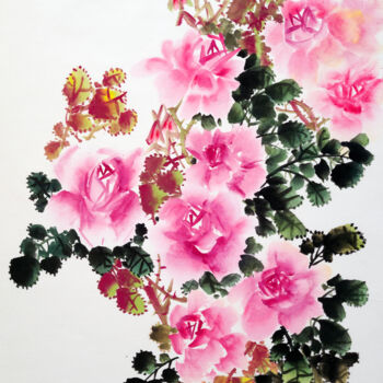 Ζωγραφική με τίτλο "Pink Roses - Orient…" από Ilana Shechter, Αυθεντικά έργα τέχνης, Ακουαρέλα