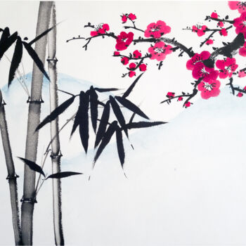 Painting titled "Bamboo and red plum…" by Ilana Shechter, Original Artwork, Ink