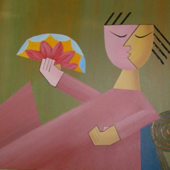 Pintura titulada "Dama con Abanico" por Edna Ildefonso, Obra de arte original