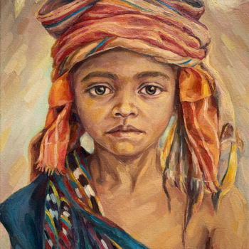 Painting titled "Boy named Darakey" by Tetiana Ilina, Original Artwork, Oil Mounted on Wood Stretcher frame