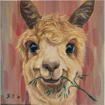 Painting titled "Llama" by Tetiana Ilina, Original Artwork, Oil Mounted on Wood Stretcher frame