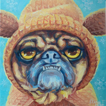 Painting titled "Portrait of the pug…" by Tetiana Ilina, Original Artwork, Oil Mounted on Wood Stretcher frame