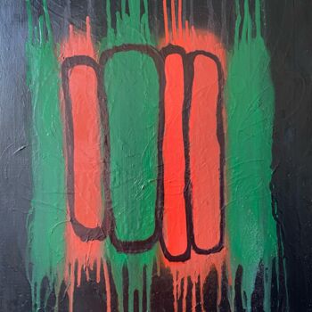 Картина под названием "green and red on bl…" - Illia Prunenko, Подлинное произведение искусства, Рисунок распылителем краски