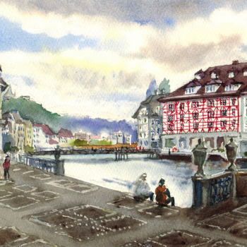 Malarstwo zatytułowany „Lucerne cityscape w…” autorstwa Ilona Kalenich, Oryginalna praca, Akwarela