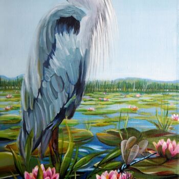 Malerei mit dem Titel "Серая цапля на пруд…" von Ilya Nikolaevich, Original-Kunstwerk, Acryl